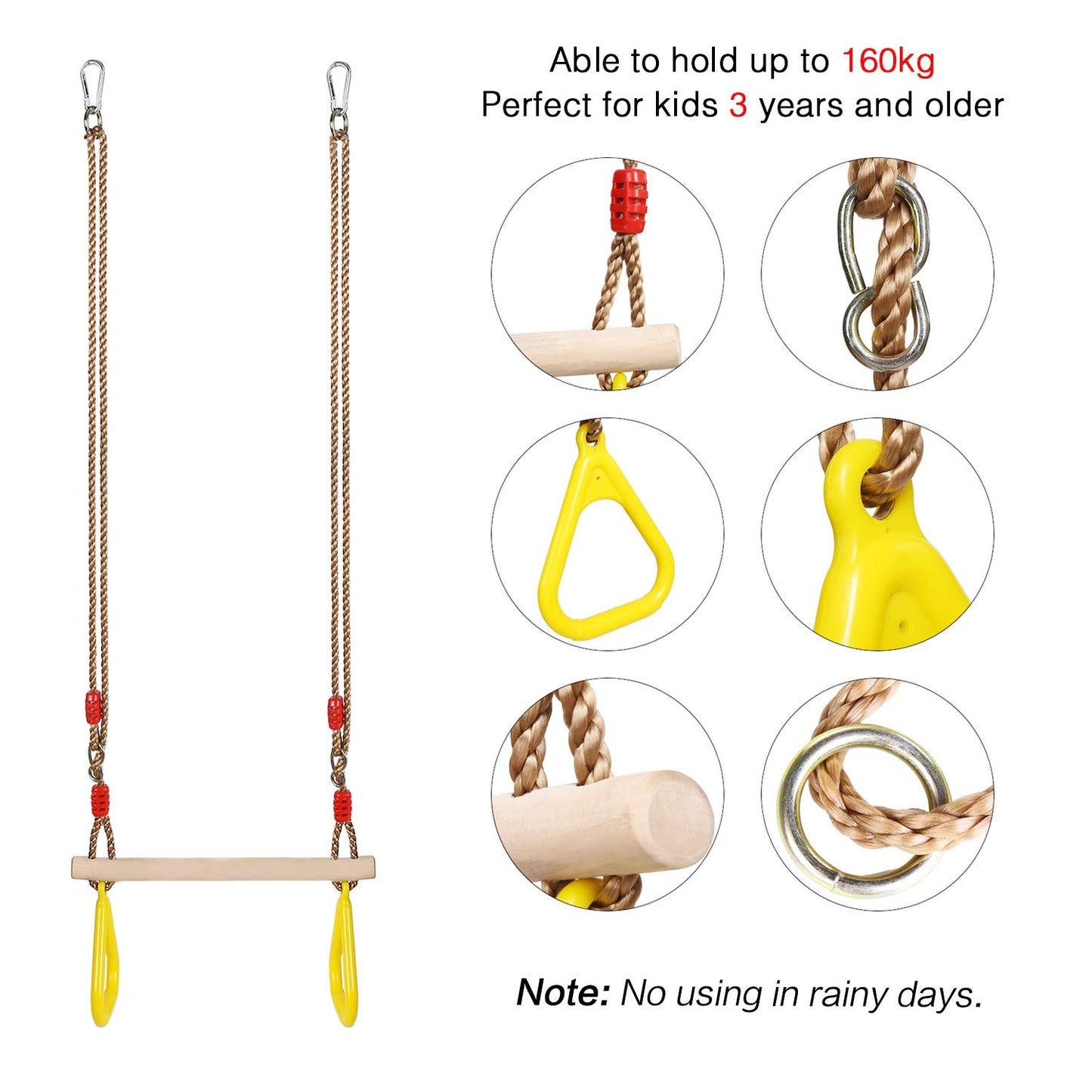 PELLOR Playground Children's Wooden Trapeze Swing Bar with Plastic Gym Rings Swing Set for Indoor & Outdoor Fun