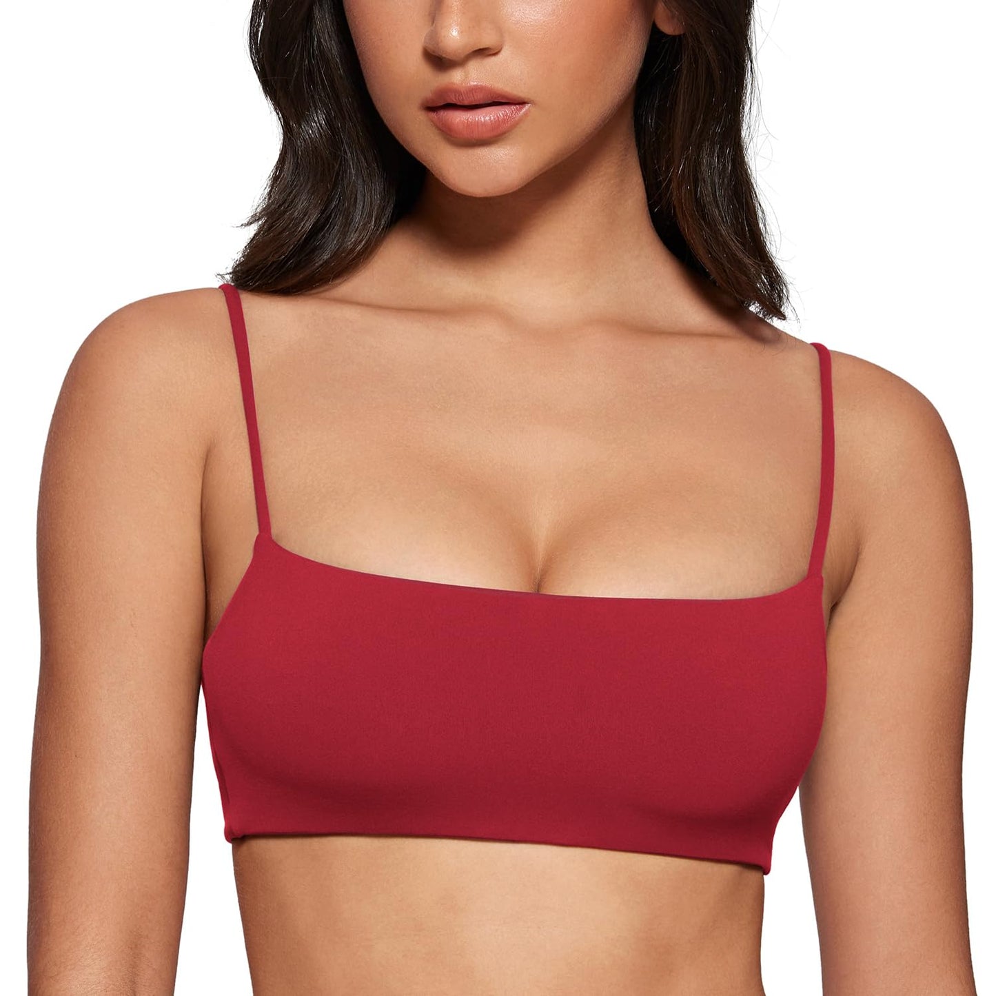 INGIA Women's Square Neck Sports Bra Spaghetti Strap Padded Cami Yoga Wireless Square Back Workout Bra Crop Top Cerise Medium