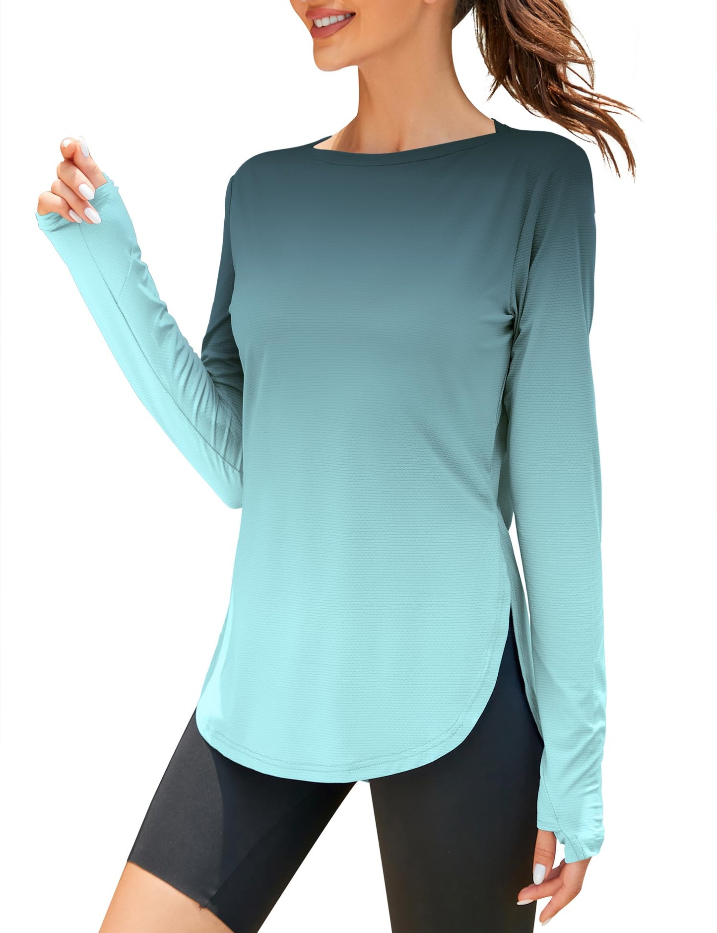 ZHENWEI Long Sleeve UPF 50+ Shirts for Women Outdoor Athletic Sun Shirts Quick Dry Running Boat Neck Light Weight Gym Tops (Black Blue Tie-Dye, L)
