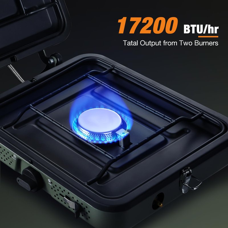 ALBOMI 2 Burner Propane Camping Stove,Portable Folding Gas Stove for Camping with 17200 BTU,Two Adjustable Burners with Easy Carrying Handle&Inlet Gas Pipe,Outdoor Camp Stove for Camping Backpacking
