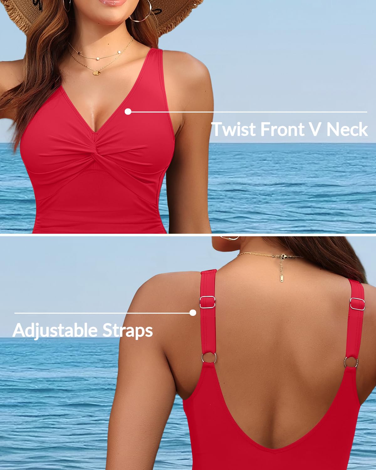 Red Tummy Control One Piece Swimsuit Full Coverage Bathing Suit M