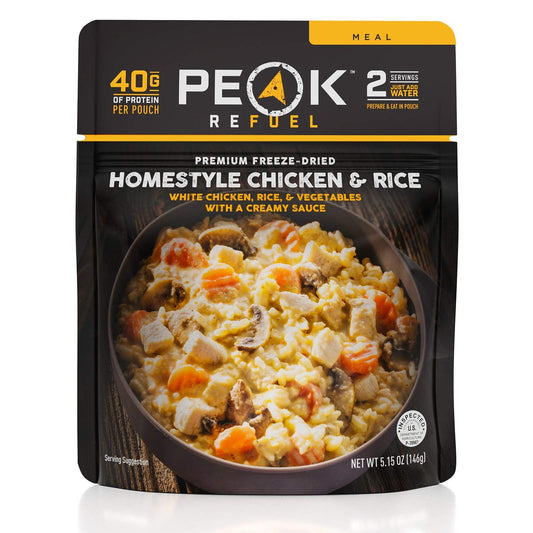 Peak Refuel Homestyle Chicken & Rice | Premium Freeze Dried Camping Food | Backpacking & Hiking MRE Meals | Just Add Water | 100% Real Meat | 40g of Protein | 2 Serving Pouch