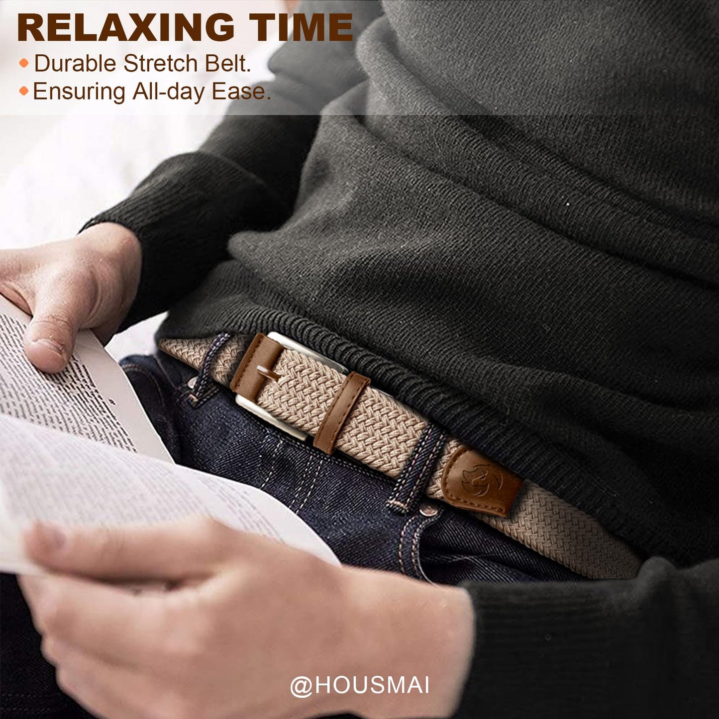 Housmai Stretch Braided Belt for Men -Mens Gift Elastic Woven Golf Belt 1 3/8"- for Golf Jeans Casual Wear