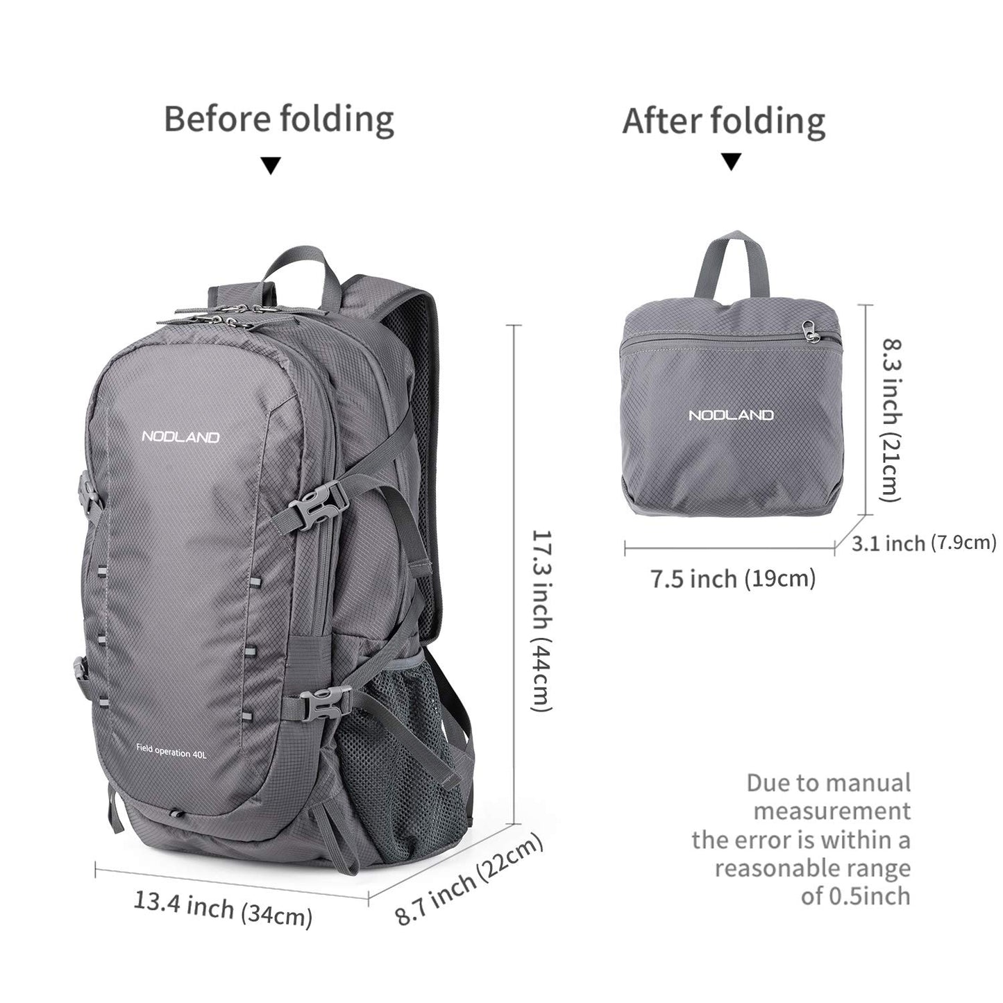 Sharkborough NODLAND Lightweight Backpack, Travel 40L Foldable Water-Resistant Daypack, Hiking Outdoor Camping Rucksack for Men Women