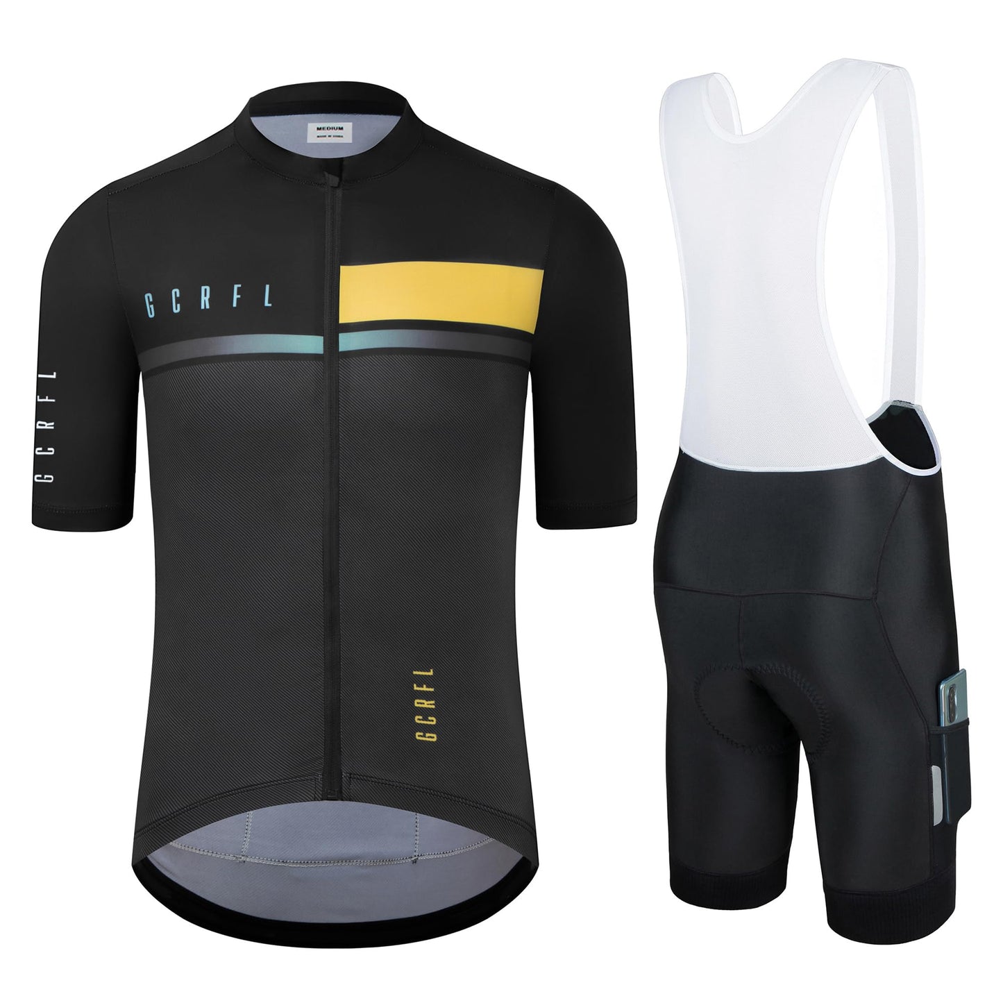 GCRFL Men's Cycling Jersey Set Cycling Kit Bicycle Jersey Rear Zipper Pocket Bike Bib Shorts With Pockets Race Fit High Density Pad (Black/Yellow, L)