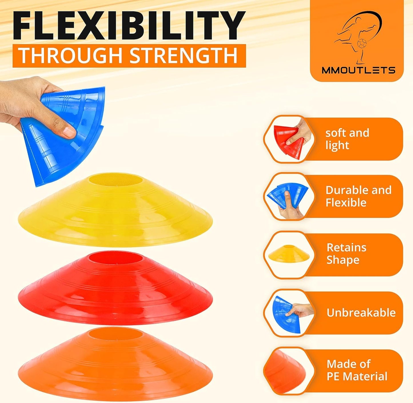 MMOutlets 20 PC Soccer Cones for Drills with Mesh Bag & Strap-Flexible, Heavy-Duty Sports Cones for Soccer Practice, Basketball, Fitness Training- NEON Agility Cones Sports for Indoor & Outdoor Games