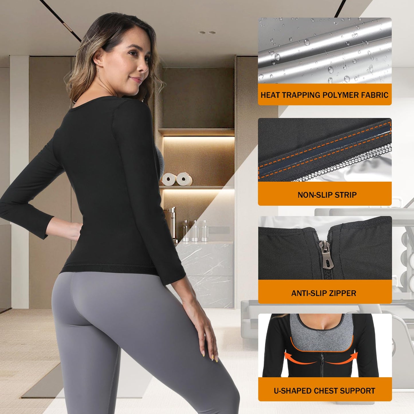 Towintec Sauna Suit for Women Heat Trapping Long Sleeve Sweat Suit Belly Fat Weight Loss Compression Shirts Waist Trainer Workout Body Shaper Tops with Zipper for Athletic Sports Training(Silver,M)