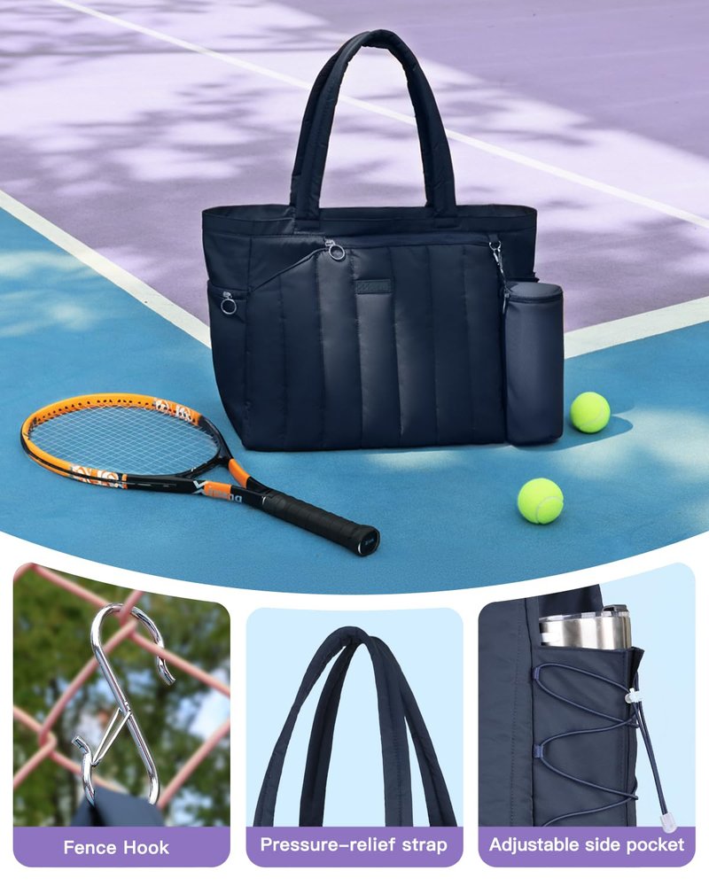 Movker Quilted Tennis Bag for Women & Men, Large Tennis Tote with Shoe Compartment & Waterproof Wet Pocket, Fits 2-4 Rackets & 15.6" Laptop, Lightweight Gym Duffle Sports Bag with Fence Hook(Navy)