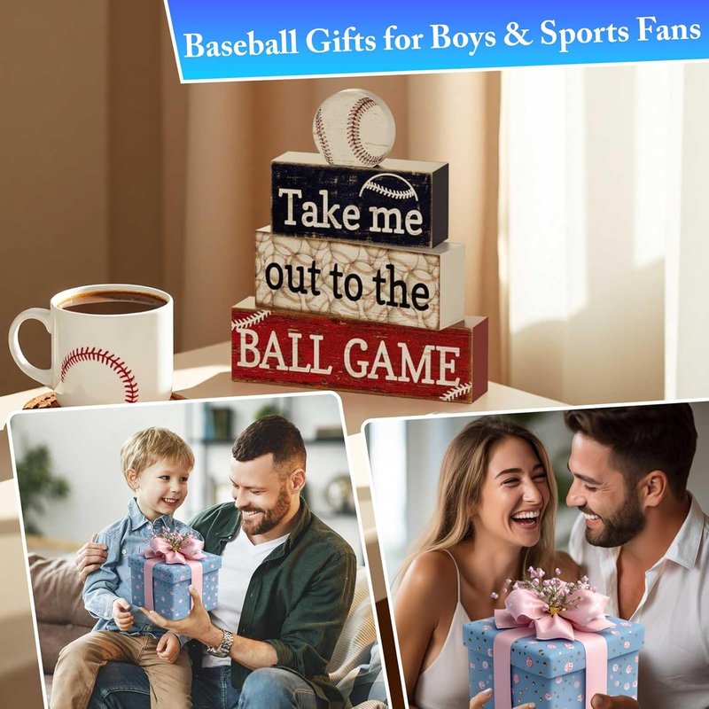 Baseball Party Table Decorations - 4 Pcs Wooden Sign Blocks | Centerpieces for Boys' Birthday, Sports Club & Home Decor