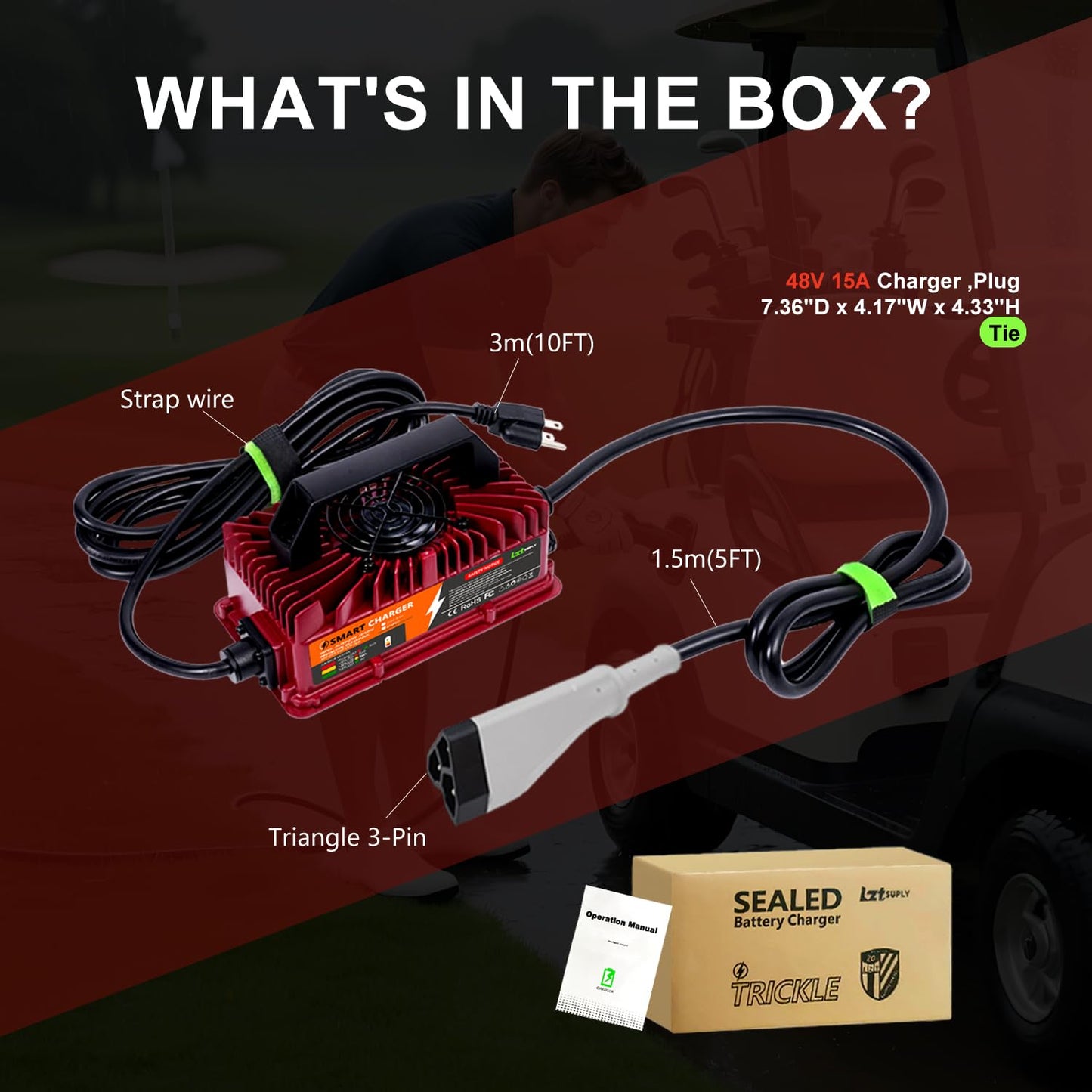 Lztsuply 48V 15Amp Golf Cart Battery Charger for EZGO RXV & TXT with Upgraded 3-Pin Triangular Plug &16Ft Cable, IP67 Waterproof Smart Trickle Charger Delta-Q Plug for 48 Volt Lead-Acid Batteries