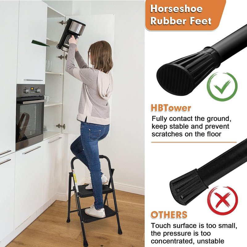 HBTower 2-Step Ladder - 500 lbs Capacity Folding Step Stool with Anti-Slip Pedals & Convenient Handgrip | Lightweight Black Design