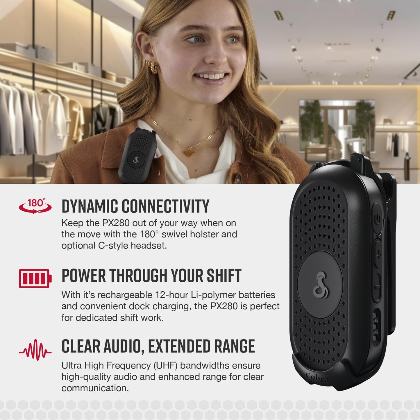 Cobra PX280 Compact Portable FRS Two-Way Radios - IP54 Certified Durability, Dock Charging, 12-Hour Battery Life, Compact Wearable Form Factor Professional Walkie Talkies for Business (2-Pack)