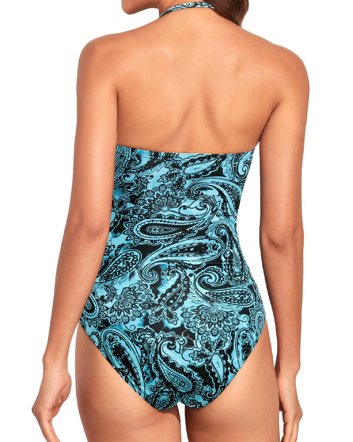 Holipick Women Blue Paisley One Piece Swimsuits Tummy Control Bathing Suits Halter Strapless Bandeau Swimwear L