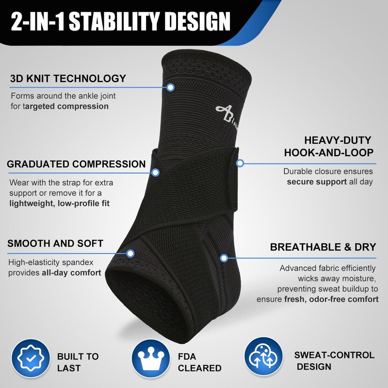ABIRAM Ankle Brace for Men & Women - Adjustable Compression Sleeve with Wrap, Ion-Matrix Support for Sprained Ankle, Plantar Fasciitis, Achilles Tendonitis Relief - Breathable Gear for Running, Sports