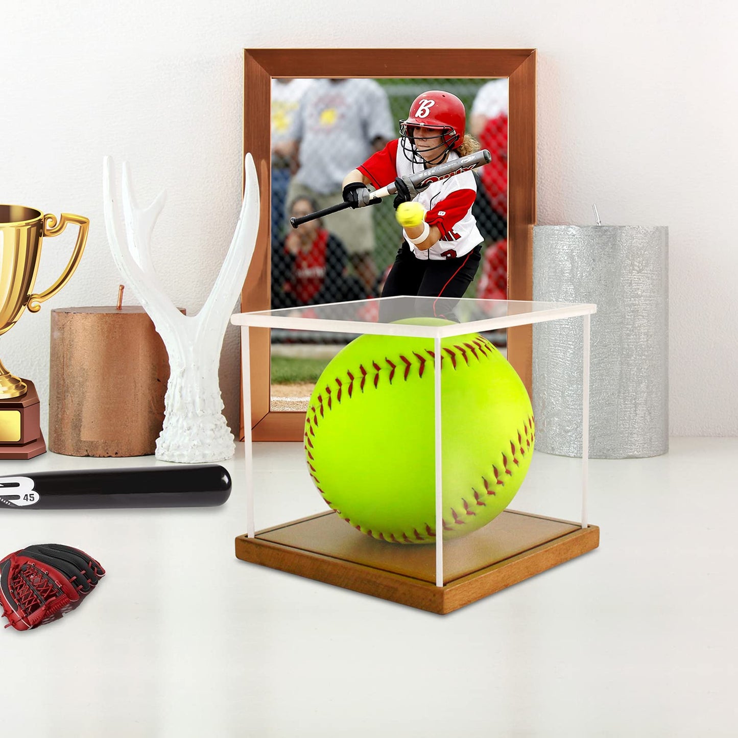 LuxRound 2-Pack Acrylic Softball Display Case with Wooden Base - Clear UV Protective Box for 12" Official Softball, Autographed or Collectible Ball, Dust Proof Tabletop Showcase