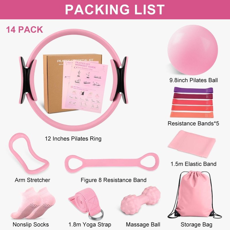 NITMTYOU Home Pilates Essentials Kit for Women - Complete Set with 9" Yoga Ball, Figure 8 Resistance Band, Pilates Bands, Accessories, and Pilates Ring - Perfect for Beginners Home Workouts