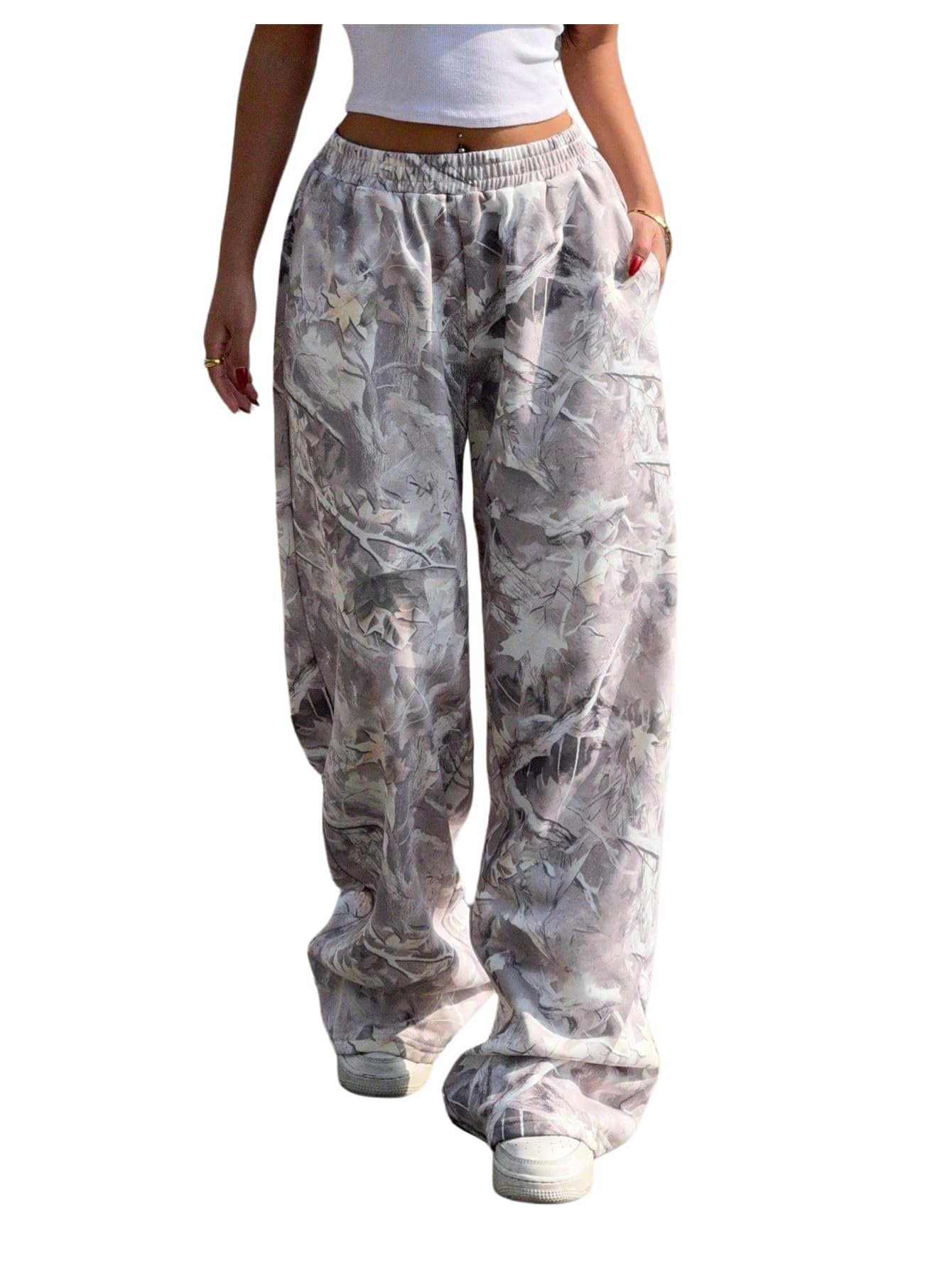 RoseSeek Women's Y2K Camo Maple Leaf Print Sweatpants Baggy Hip Pop Elastic Waist Long Pants Streetwear Multicolor X-Large