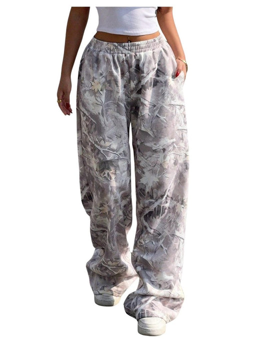 RoseSeek Women's Y2K Camo Maple Leaf Print Sweatpants Baggy Hip Pop Elastic Waist Long Pants Streetwear Multicolor X-Large