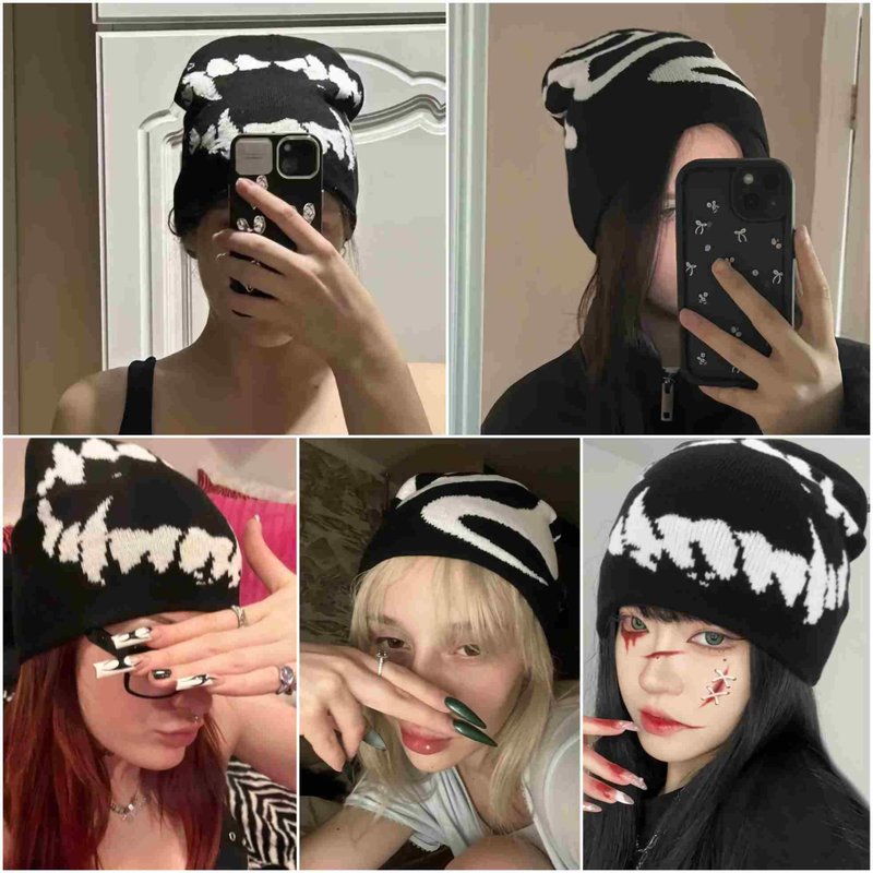 Winatehr Black Graphic Beanie for Men Women, Streetwear y2k Knitted Hat, Slouchy Goth Skull Cap (2 pcs)