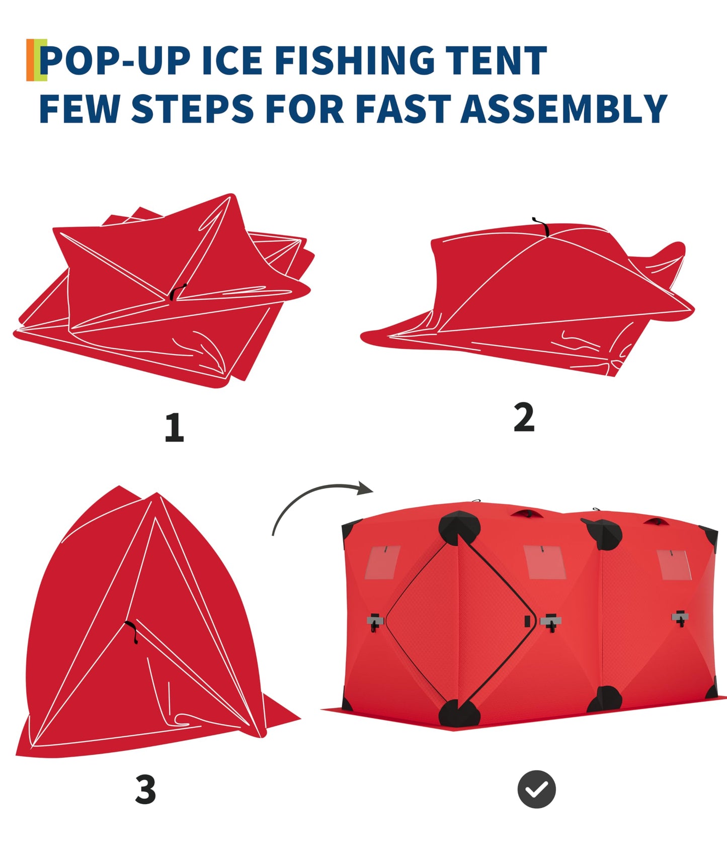 Garvee Pop Up Ice Fishing Tent Insulated Ice Fishing Shelter 140"x70.8"x79" Portable Hub-Style Shelter Shanty Windproof and Warm for 6 to 8 Persons, Includes Anchors, Ropes & Carry Bag, Red
