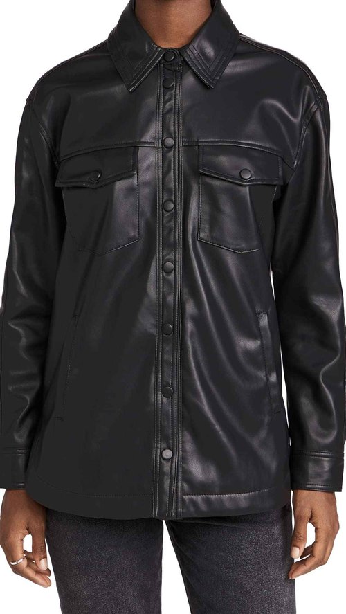 [BLANKNYC] Womens Black Vegan Leather Shirt Jacket, Black, X-Small US