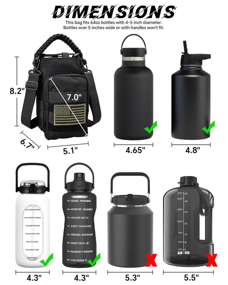 DEFUNX 64 Oz Water Bottle Sleeve - Water Jug Holder with Strap Cross-Body Bottle Carrier with MOLLE System Tactical Military Style Bag All Black