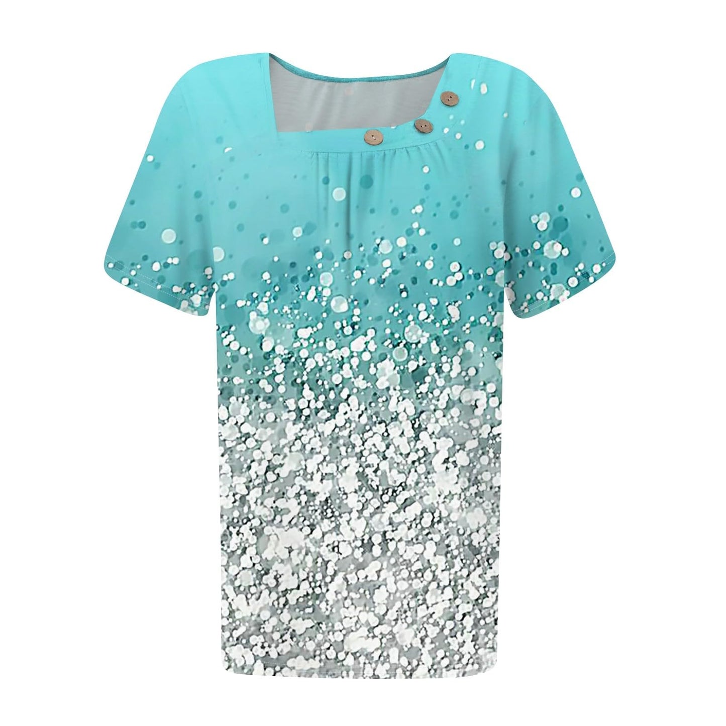 Beautiful Summer Tops Women Short Sleeve Park Plus Size Print Fit Shirt Crewneck Stretch Polyester Button Blouse Womans Cyan