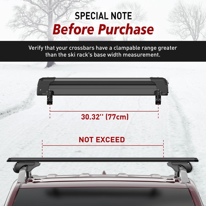 CRINDAR Ski & Snowboard Rack for Car Roof, Fishing Rod Rack, 27.5'' Loading Width Fits 6 Pairs of Skis or 4 Snowboards, Aluminum Roof Rack with Lock & Rubber Padding