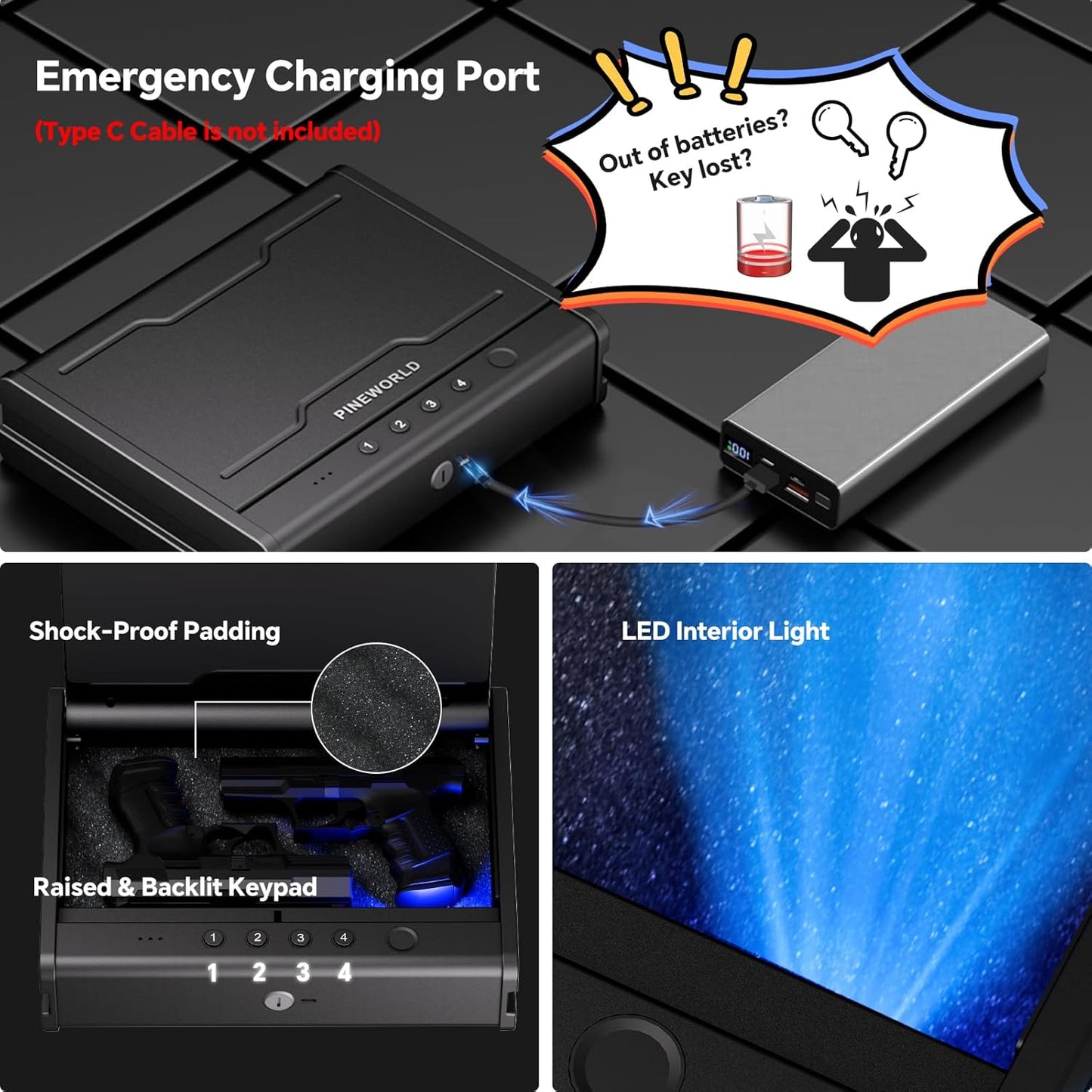 Biometric Gun Safe for Handgun - Quick Access Pistol Safe with Fingerprint & Voice Navigation | Interior Light, Mute Mode, Steel Cable Included