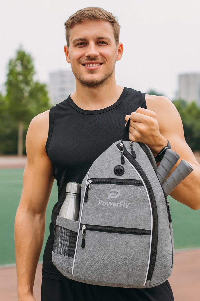 PowerFly Pickleball bag with Earphone Port, Multi-Pocket Design, Water Bottle Holder, Travel and Gym Bag (Grey)