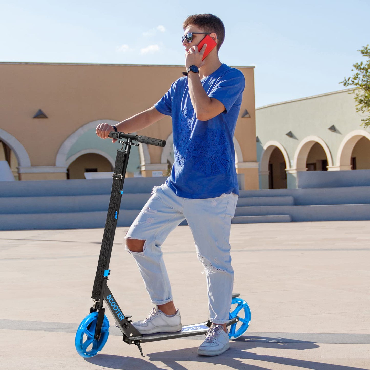 GYMAX Scooter for Adults, 220LBS Folding Aluminum Scooters with LED Flashing Wheels, Carrying Straps, Adjustable Handlebar & Kickstand, Quick Release Portable Kick Scooter for Teens, Youth (Black)