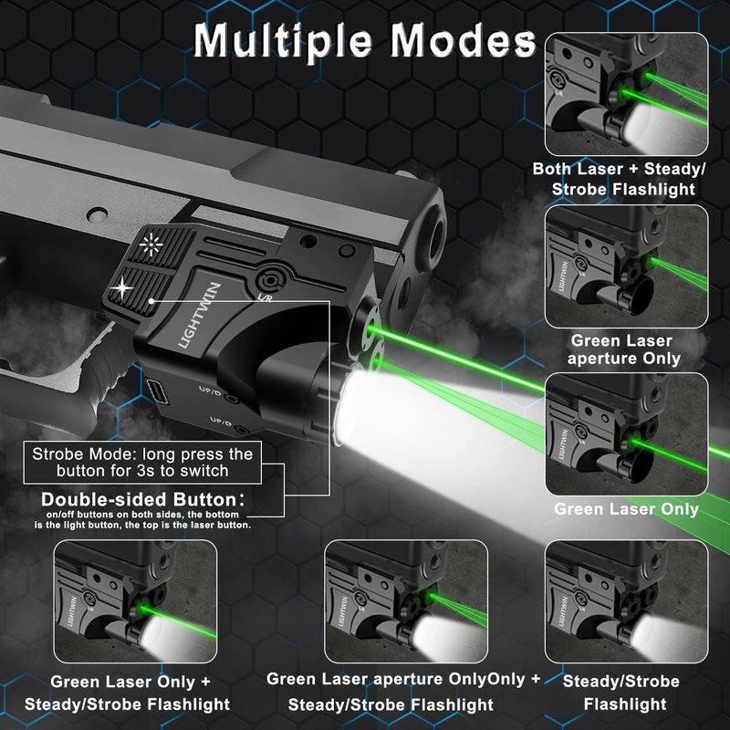 Green Laser Sight + Green Circular Laser Beams with 800 Lumens Flashlight for Pistols, 3 in1 Laser Light Combo, Tactical USB Rechargeable Laser Sight, Strobe & Steady Flashlight for Picatinny Rail