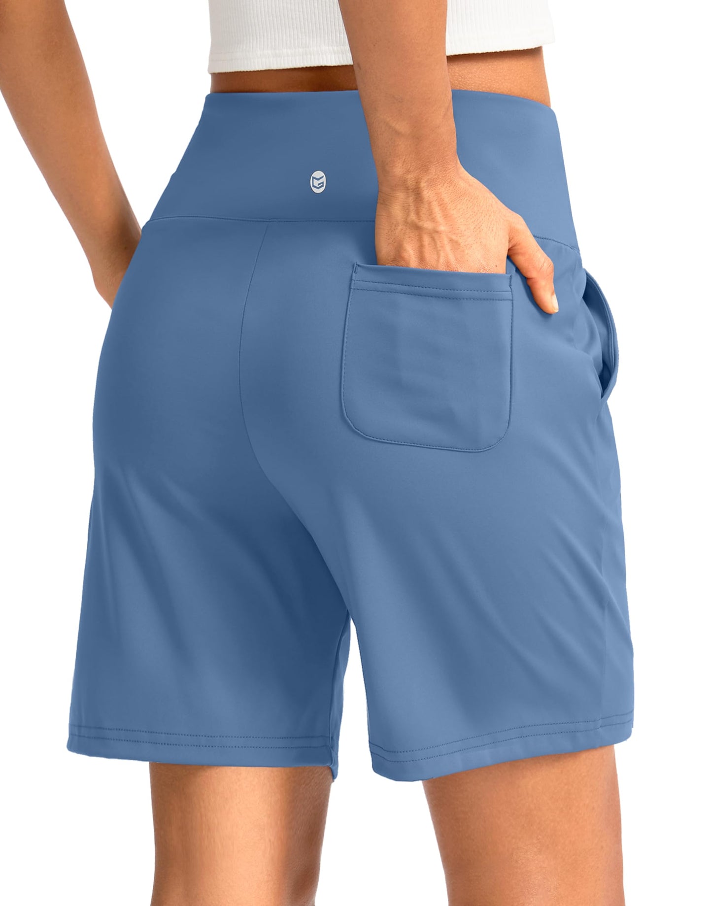 G Gradual Women's Bermuda Long Shorts with Pockets 7" High Waisted Knee Length Shorts for Women Walking Athletic Workout(Light Blue-L7,XL)