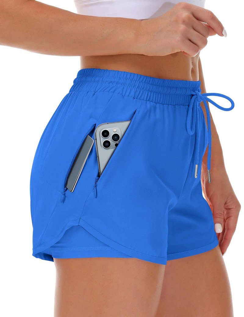 Mancreda Women's Running Shorts with Liner 3 Zipper Pockets Elastic Workout Athletic Gym Yoga Shorts(RB,S)