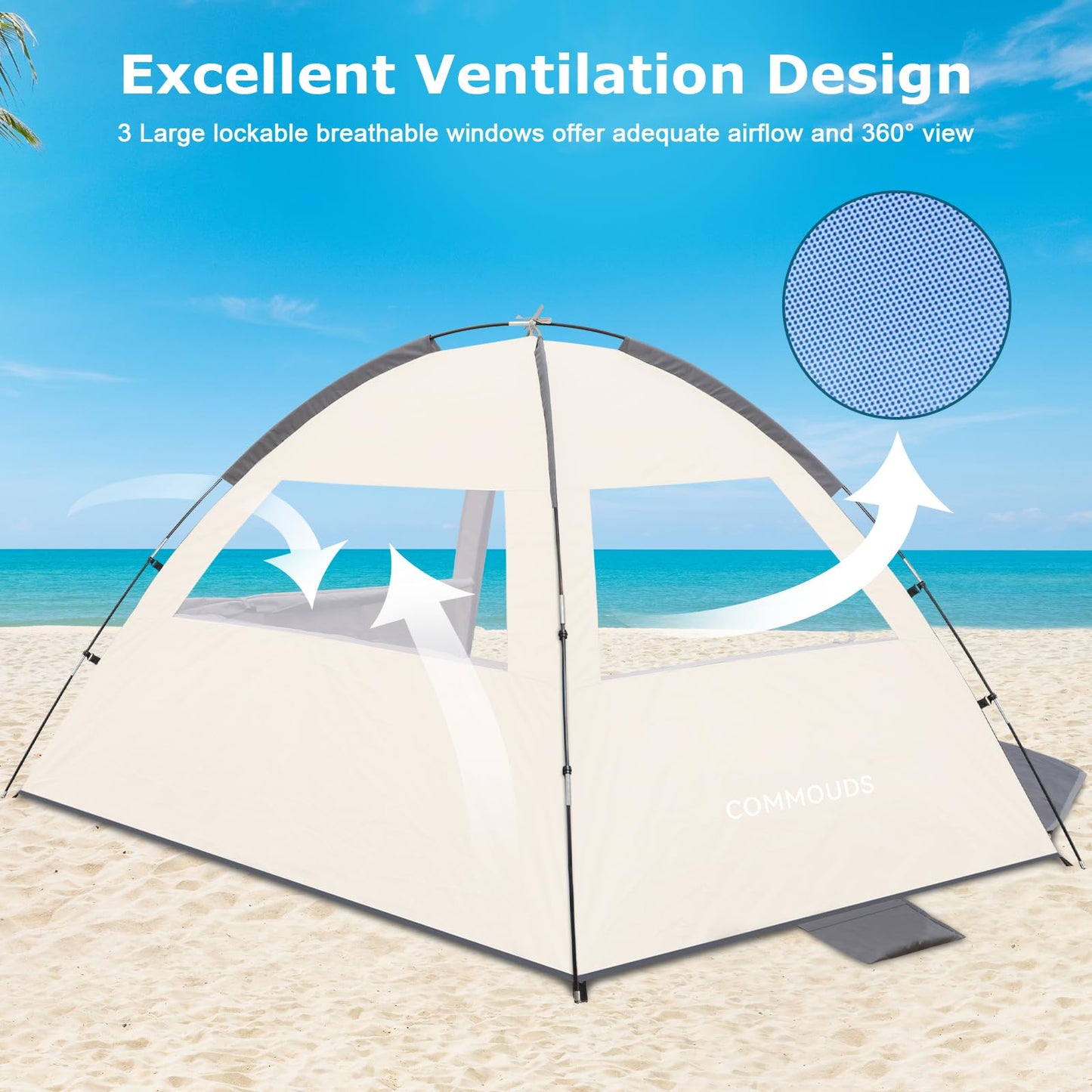 COMMOUDS Beach Tent Sun Shelter for 3/4/6/8 Person, UPF 50+ UV Protection Beach Shade Canopy Tent, Lightweight, Easy Set Up and Carry