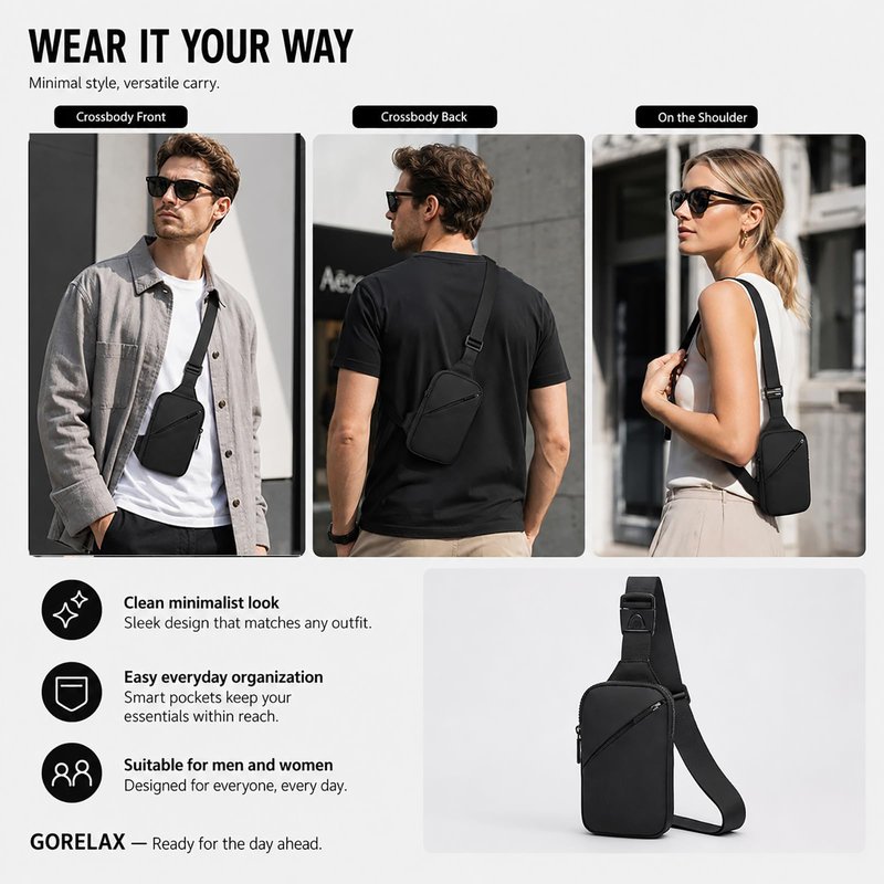 GORELAX Ultra Compact Mini Crossbody Sling Bag for Men Women, Lightweight Water Resistant Chest Fanny Pack, EDC Phone Purse for Travel Running Hiking(Black)