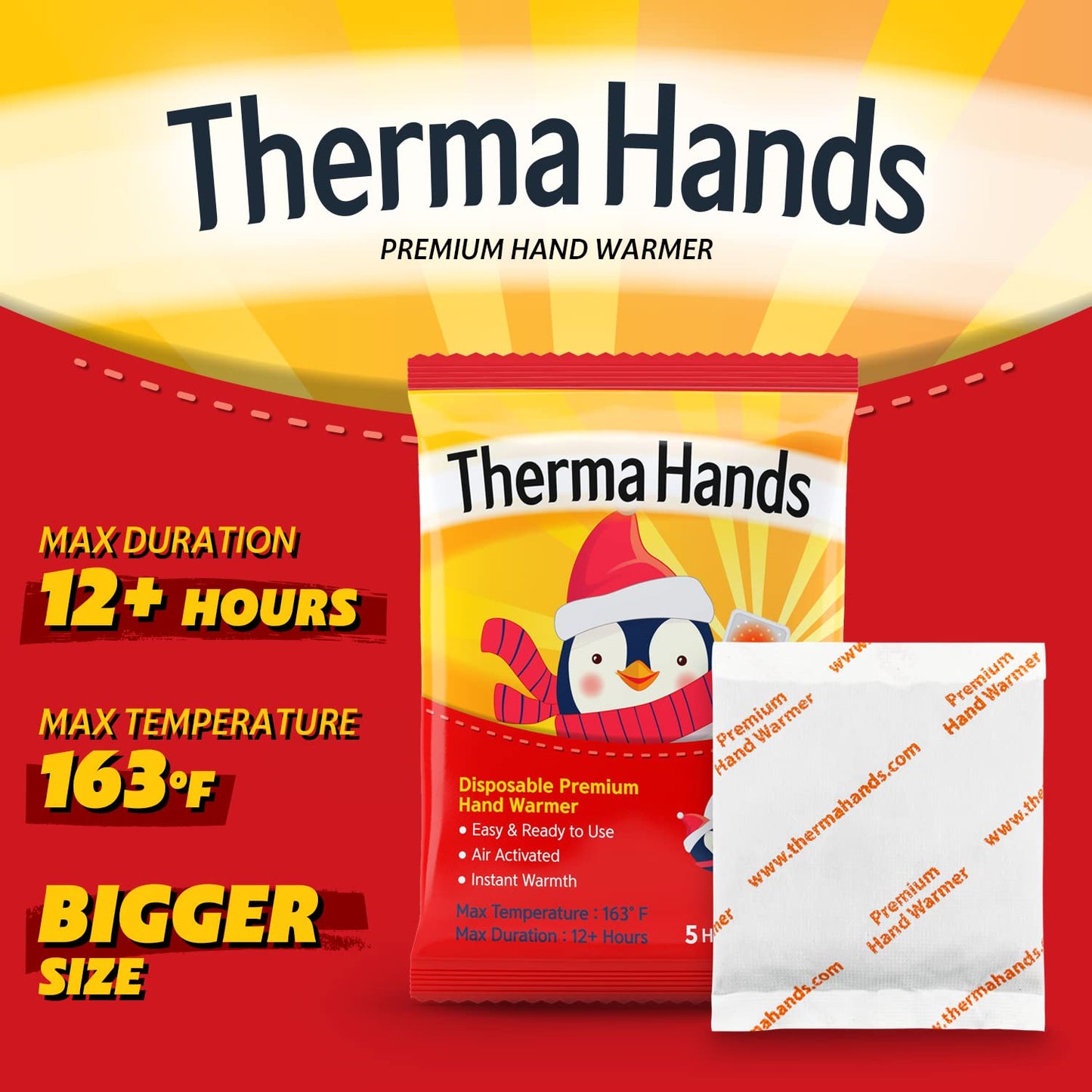 Hand Warmers (20 Packs) - Premium (Size: 3.5 inch x 4 inch, Duration: 12+ Hours, Max Temp: 163 F) Air-Activated, Convenient, Safe, Single Use, Natural, Odorless, & Long Lasting Hand Warmers Disposable