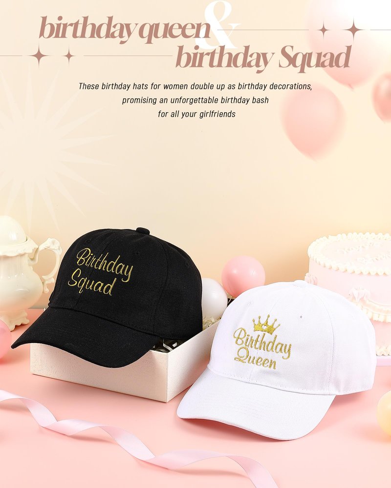 Jecery 6 Pcs Birthday Squad Hats Cap for Women Men, Birthday Queen Squad Party Baseball Cap Adjustable for Party Favor (Black,White)
