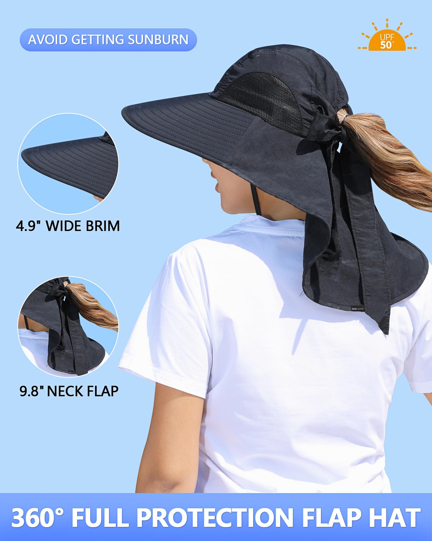 SENWAI Womens Sun Hat Outdoor UV Protection Wide Brim Fishing Hat with Ponytail Hole Neck Flap for Beach Hiking Camping, Black