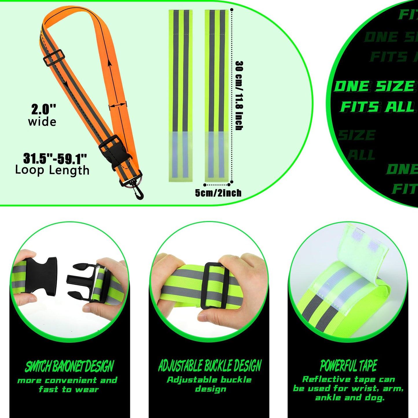 2 Pcs Reflective Sash with 4 Bands Adjustable Visibility Belt Safety Strap, Band for Wrist Arm Ankle Leg Substitute for Reflective Vest Reflective Running Gear (Fluorescent Green, Fluorescent Orange)