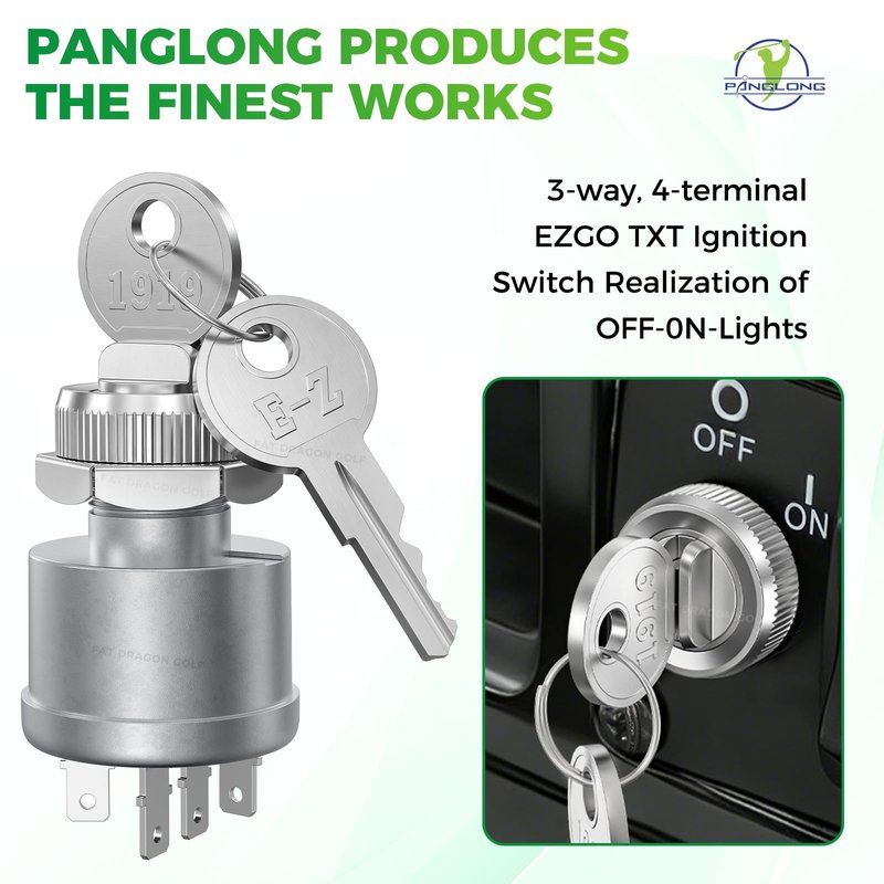 Panglong Golf Cart TXT Ignition Switch -4 Terminal, EZGO TXT Key Switch, Suitable for 1981-up EZGO TXT, Medalist, Workhorse, ST, Shuttle, and Marathon; OEM #33639-G01