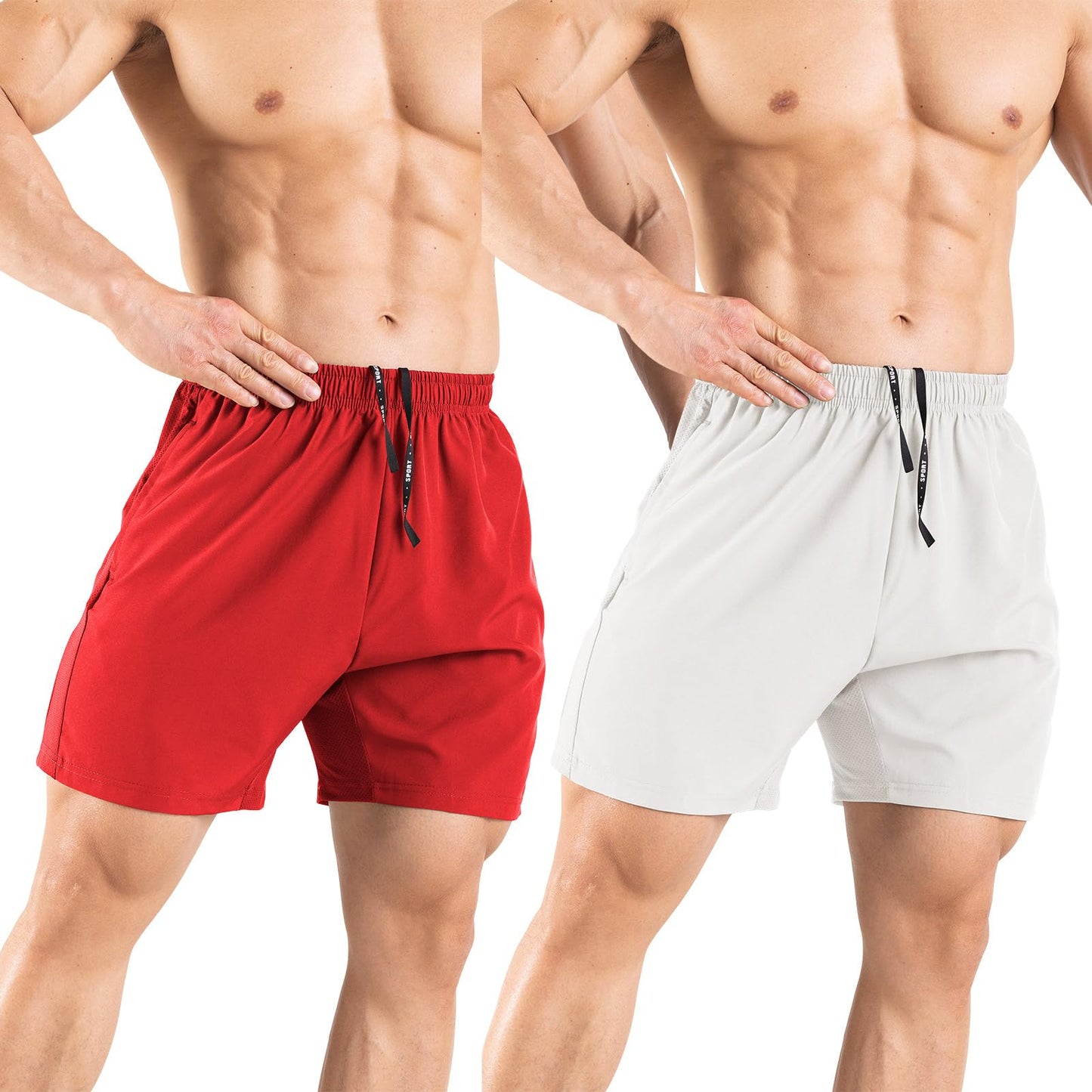 Gaglg Men's 5" Running Shorts 2 Pack Quick Dry Athletic Workout Gym Shorts with Zipper Pockets White/Red,Large