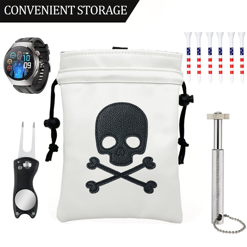 Skull Golf Valuables Pouch Bag with Drawstrings - Premium Faux Leather Tee Pouch Accessorries for Men, White Ball Bag
