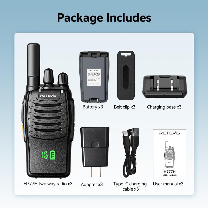 Retevis H-777H Walkie Talkies Rechargeable,2 Way Radios Long Range,USB-C,VOX,Short Antenna,Hidden Display,Flashlight,Portable FRS Two-Way Radios for Adults Skiing Gift Family (3 Pack)
