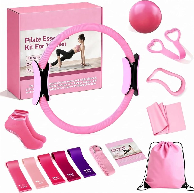PATISYNC 13Pcs Pilates Essentials Kit for Women, Pilates Equipment for Home Workouts with Magic Circle, Mini Ball, 5 Resistance Bands, Pilates Starter Set for Strength, Toning and Flexibility, Pink