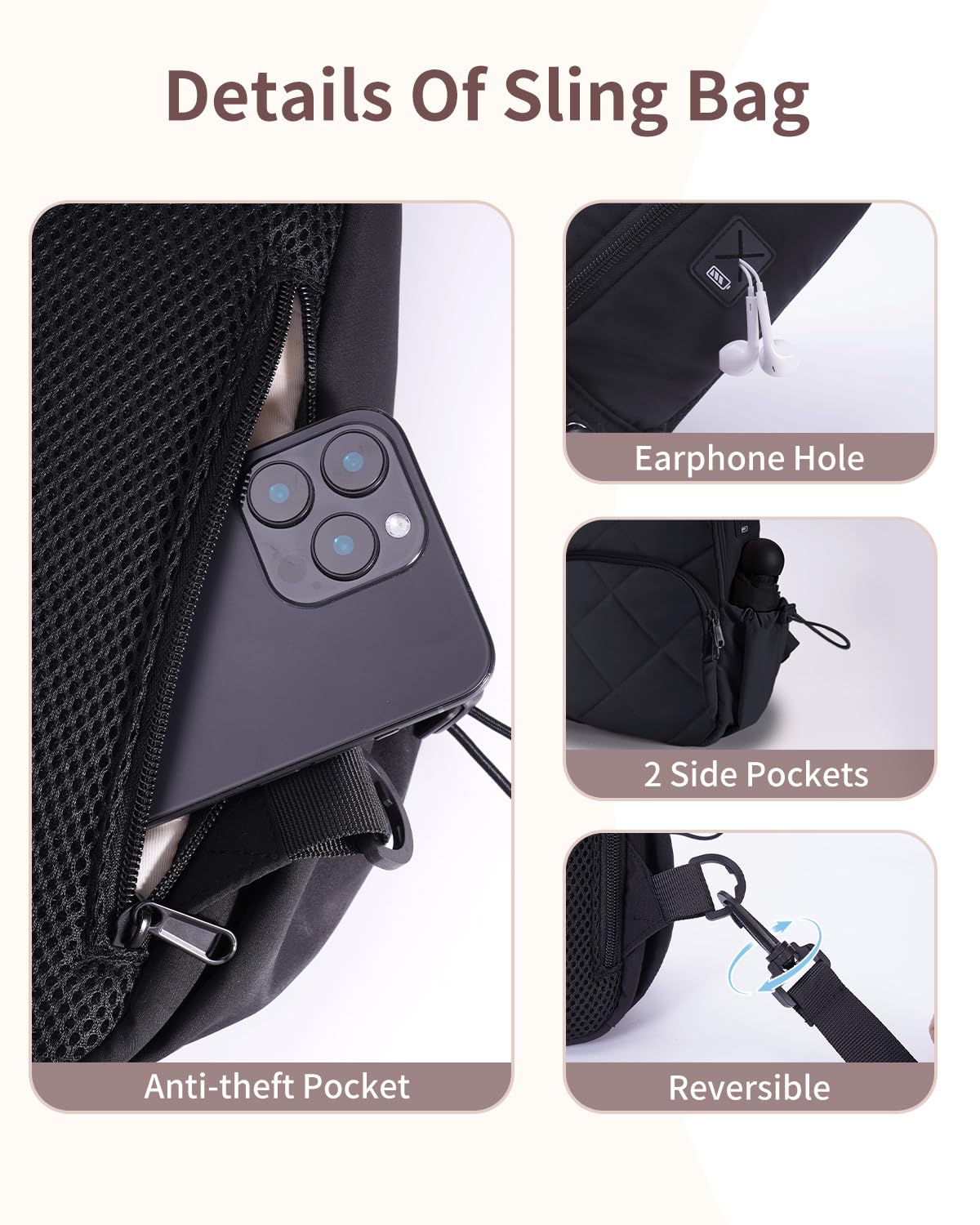 Wandering Nature Sling Bag for Women Lightweight Quilted Crossbody Bag Fits for 11" Tablet with Breathable Back Panel Anti Theft Pocket Padded Strap USB Charge Port, Ideal for Travel, Daily Use