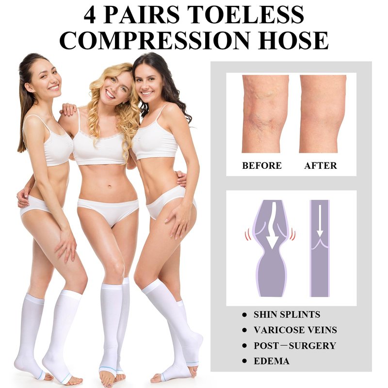 Sintege 4 Pairs Open Toe Anti Embolism Compression Stockings TED Hose 15-20mmHg Compression Socks 18mmHg Toeless Knee Socks for Women Men Swelling(S/m)
