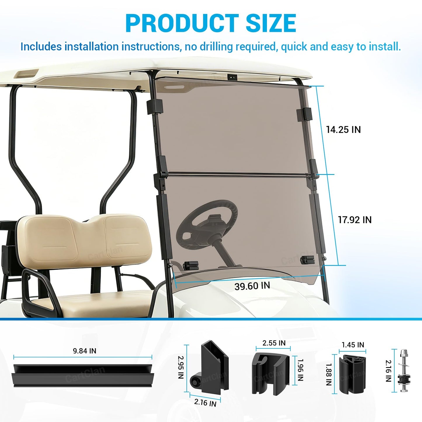 CartClan EZGO Golf Cart Windshield, Foldable EZGO Tinted Windshield for 1995-2013 EZGO TXT, PDS, DCS Golf Carts, UV and Impact Resistant, PC Golf Cart Windshield with Clips