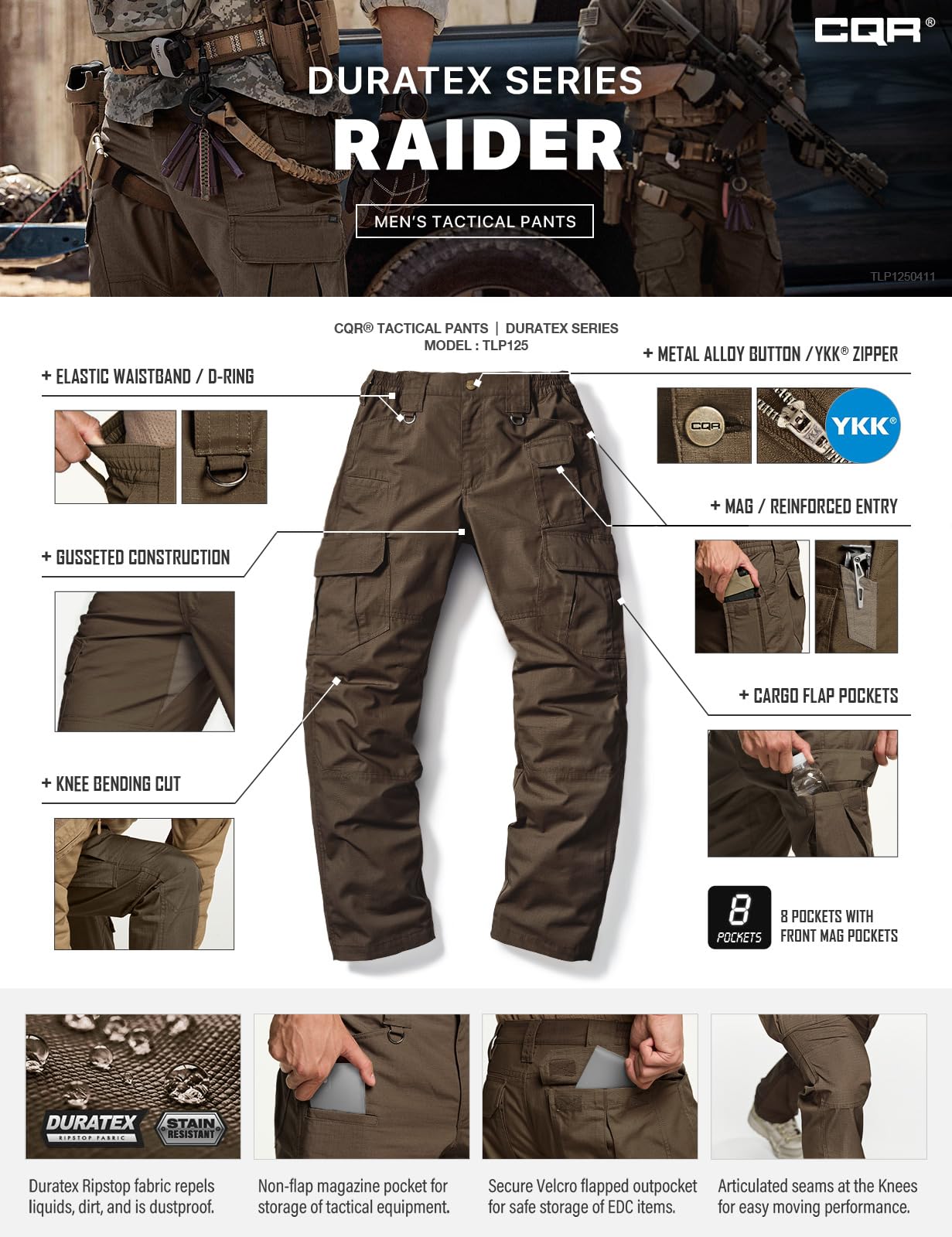 CQR Men's Tactical Pants, Water Resistant Ripstop Cargo Pants, Lightweight EDC Work Hiking Pants, Outdoor Apparel, Duratex Mag Pocket Tundra, 40W x 32L