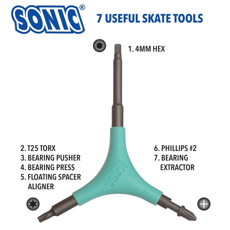 SONIC Pro Inline Skate Tool + H, Long 4mm hex for triskate Frame mounting Bolts, 7 Tools, Rotate Wheels, Remove Bearings, Designed in USA